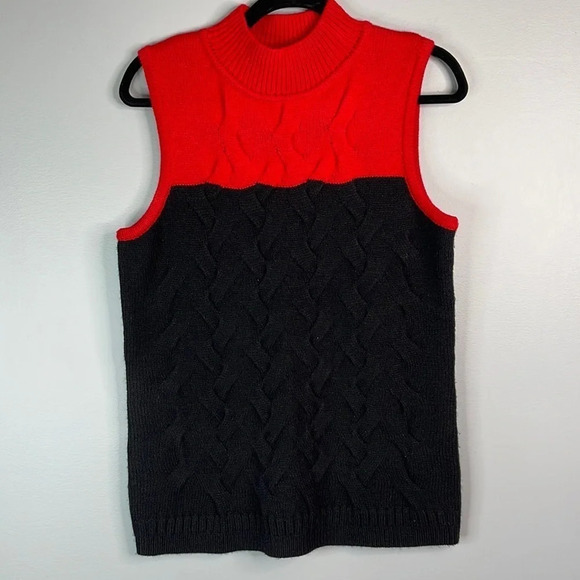 CALVIN KLEIN Red Black Colour Block Sweater Vest Cable Knit Mock Neck Preppy M - Picture 9 of 9